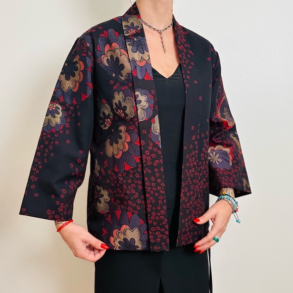 Chico's Black Floral Kimono Blazer Jacket Boho - Picture 6 of 10